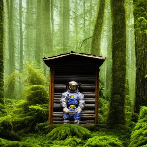 Image similar to photograph of an astronaut sitting inside a small wooden hut, heavy rain, alien planet, portrait picture, trees, forest, ferns, moss, wet, astronaut is relaxing