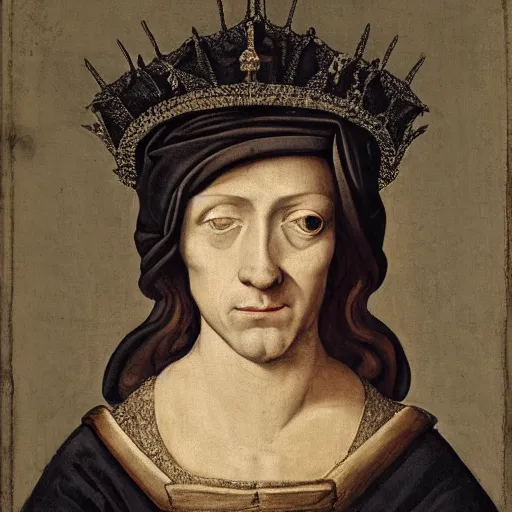 Prompt: renaissance style portrait of a european common cuttlefish wearing a crown and a cape, dark background