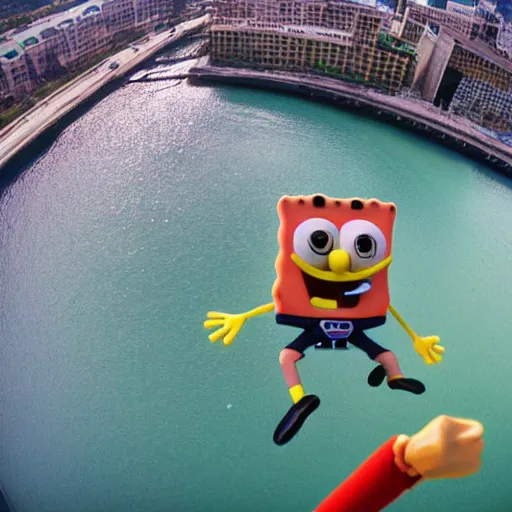 Image similar to Spongebob bungee jumping, gopro photo, 4k