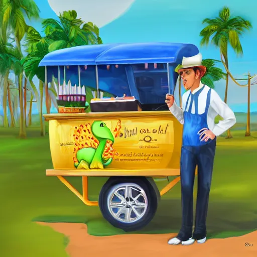 Prompt: crocodile man driving an ice cream cart, fantasy, digital art