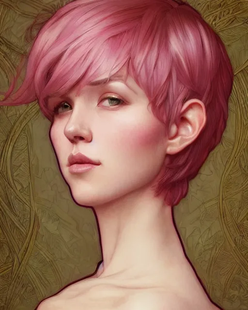 Image similar to portrait of pink short haired half elf with bangs, intricate, elegant, highly detailed, my rendition, digital painting, artstation, concept art, smooth, sharp focus, illustration, art by artgerm and greg rutkowski and alphonse mucha and uang guangjian and gil elvgren and sachin teng and wlop, symmetry!!