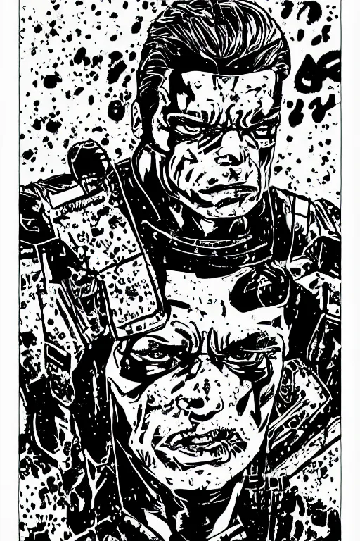 Prompt: arnold schwarzenegger as the terminator, a page from cyberpunk 2 0 2 0, style of paolo parente, style of mike jackson, adam smasher, johnny silverhand, 1 9 9 0 s comic book style, white background, ink drawing, black and white, colouring pages