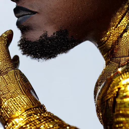 Image similar to a close up photo of a detailed golden statue of Black Panther, 8K,