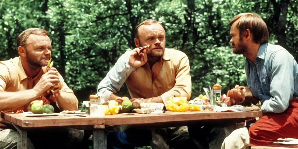 Prompt: photo of anthony hopkins and jeffrey dahmer sitting at a picnic table eating delicious fruit, hd