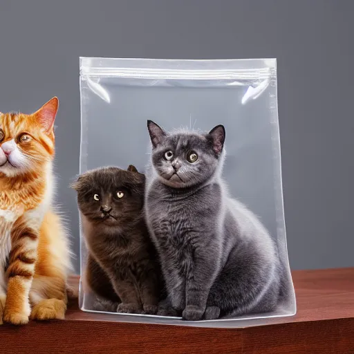 Image similar to photo of a transparent bag full of cats, white background, studio lighting, 4 k, 8 k