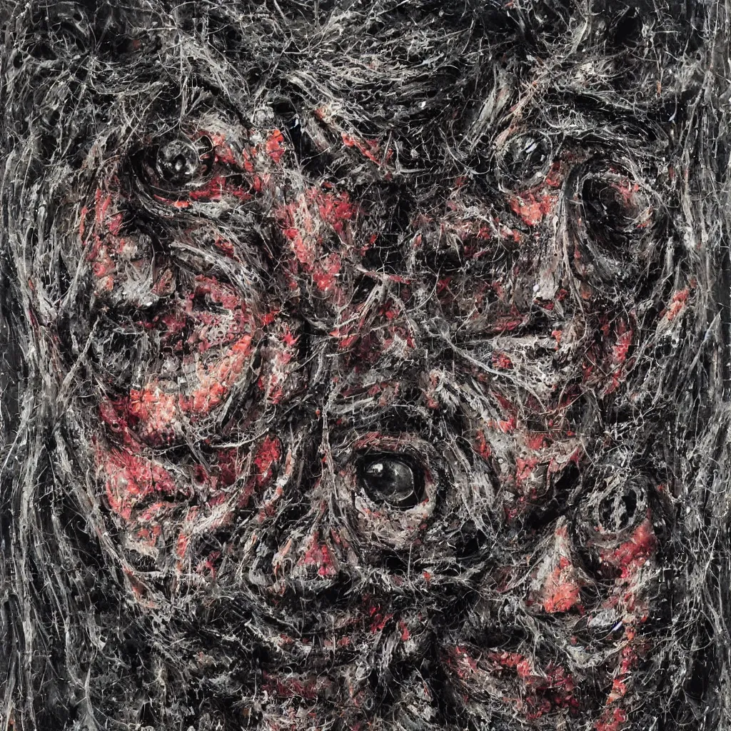 Image similar to camo made of eyes, technical, acrylic, teeth, eerie, tribal, clay, dotting, lines, stipple, points, cybernetic, style of old painting, francis bacon art, rei kawakubo art, hypnosis, eerie, terror, oil, neon, black and white background, splotches, colorful dots, ominous, terror, teeth, smiles