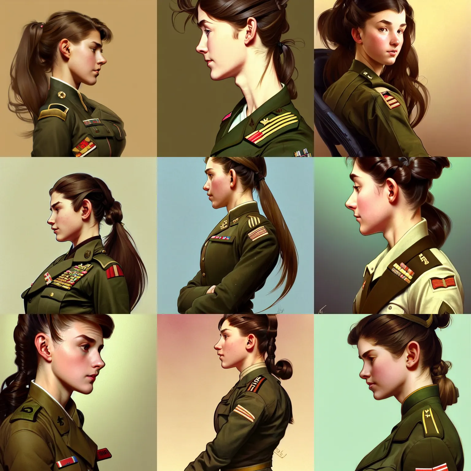 Prompt: girl wearing military uniform, sitting on a chair, hands in her hair, brown hair in a ponytail. side-view, highly detailed, digital painting, artstation, concept art, smooth, sharp focus, illustration, art by artgerm and alphonse mucha, high definition digital art, in the style of Ross tran and ilya kuvshinov