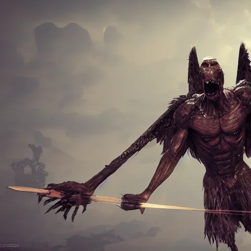 Image similar to cinematography picture of monster with angel wings, no eyes, long jaw, holding a spear, 8k, unreal engine 5, ps5, hyperrealistic, artstation, higly detailed