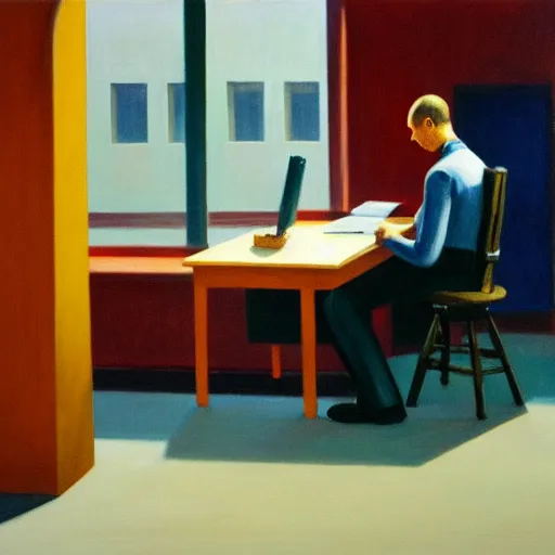 Image similar to painting of a lone man, sitting at his desk in an empty, huge office, in the style of edward hopper