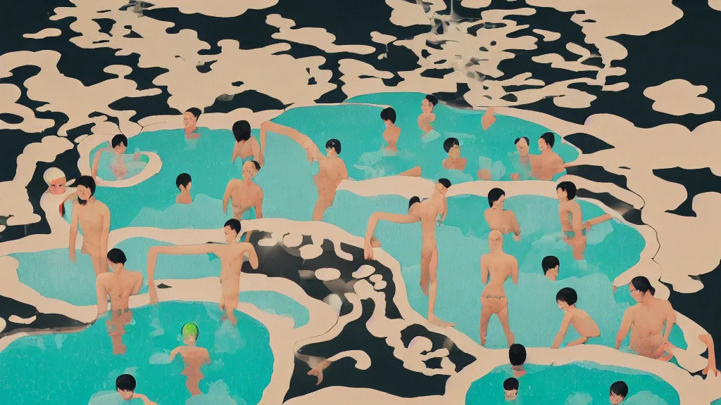 Prompt: japan natural hot spring, a collage painting, in the style of wes anderson, lola dupre, david hockney, isolated on negative white space background dark monochrome neon spraypaint accents volumetric octane render