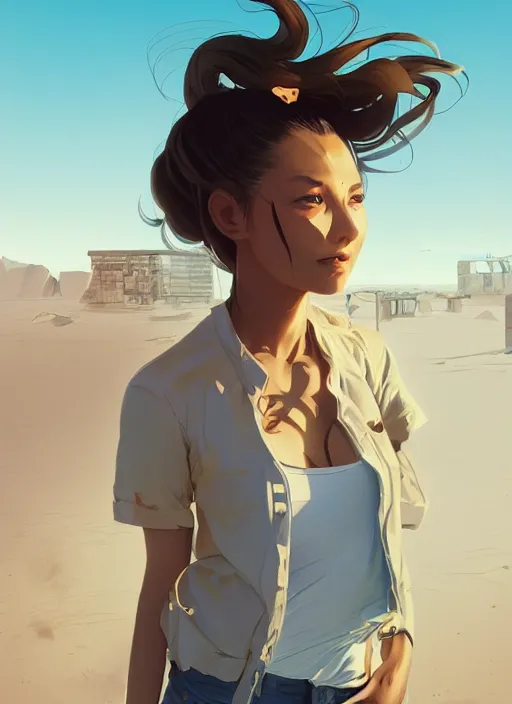 Image similar to digital art of a beautiful girl wearing a shirt standing in front of a ruined apartment complex, desert composition, sunlit, vector art, by artgerm, by greg rutkowski, anime style, octane render, bright colors, face!!!! close - up