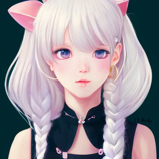 Image similar to realistic beautiful gorgeous natural cute Blackpink Lalisa Manoban white hair cute white cat ears in maid dress outfit golden eyes artwork drawn full HD 4K highest quality in artstyle by professional artists WLOP, Taejune Kim, Guweiz, ArtGerm on Artstation Pixiv