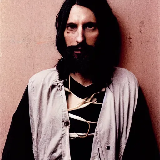Image similar to hd portrait of a 3 5 - year old man with a disorienting, clinical aesthetic. black hair. black clothes. a modern - day warlock and psychonaut of the mastigos path. portrait photography by annie leibovitz.