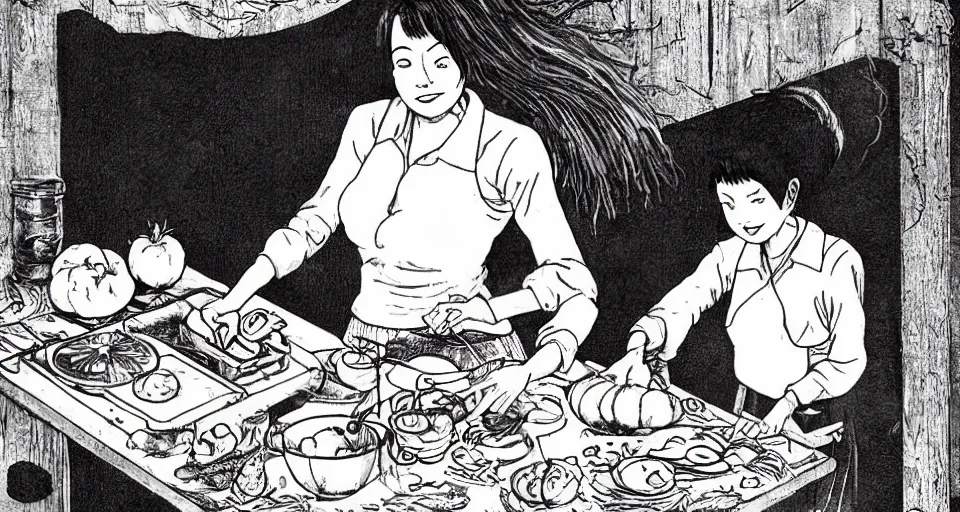 Image similar to Woman in kitchen making a tomato and corn pie in the style of Junji Ito