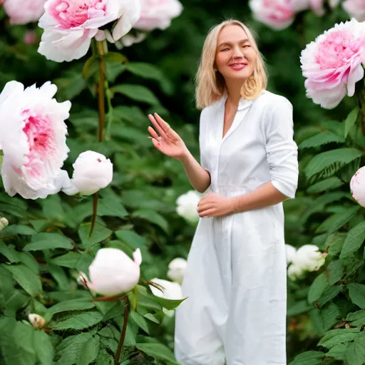 Image similar to a woman dressed in white, standing in a white rose garden, peony petals in the breeze, vivid lighting, professional photography