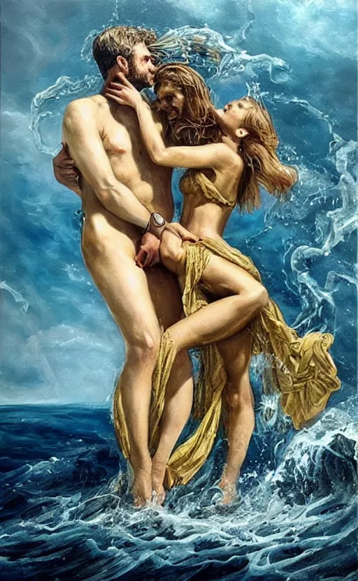 Image similar to Poseidon\'s sad love story, oil painting by Bruno Bruni, mind-blowing art, very detailed, high quality, golden and silver colors