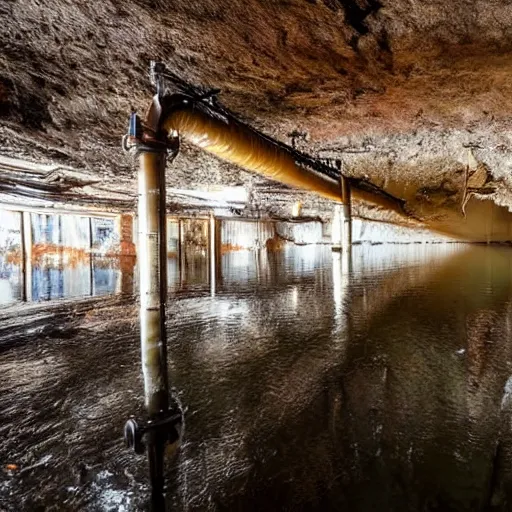 Image similar to underground mine, flooded, dirty water, rusty pipes