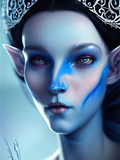 Image similar to the elven queen with blue skin by james jean, charlie bowater, tom bagshaw, nikolay makovsky : : enchanting, ethereal, magical, portrait, character design, illustration, hyperrealism, photorealism, digital art, concept art, fantasy, whimsy, weta, wlop, artstation