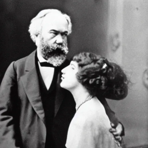 Image similar to Karl Marx and Ayn Rand kissing, wedding photo, 1920, Church backround