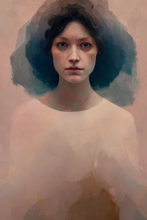 Image similar to of beautiful female, abstract beauty portrait, brush strokes by greg rutkowski, hilma af klint, moebius, victo ngai, sharp focus, global illumination, highly detailed, masterpiece, award winning, post processing