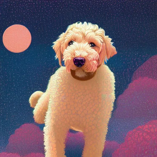Prompt: labradoodle pup on the prowl oil painting victo ngai