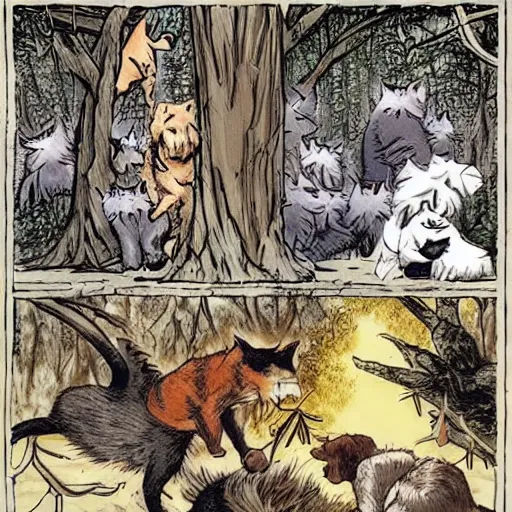 Prompt: Big battle between cats and dogs, in the forest, magic spells, dark fantasy style