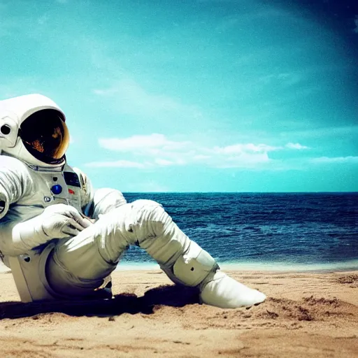 Image similar to an astronaut lounging in the beach, dramatic lighting, cinematic, extremly high detail, photorealistic, cinematic lighting,