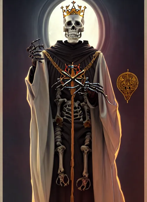 Image similar to undead skeleton king, wearing an academic gown, regal, tarot card, highly detailed, deep focus, elegant, digital painting, smooth, sharp focus, illustration, ultra realistic, 8 k, art by artgerm and alphonse mucha and greg rutkowski