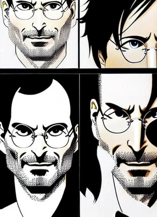 Image similar to steve jobs manga in color, final page, portrait, by katsuhiro otomo and hiroya oku and makoto yukimura