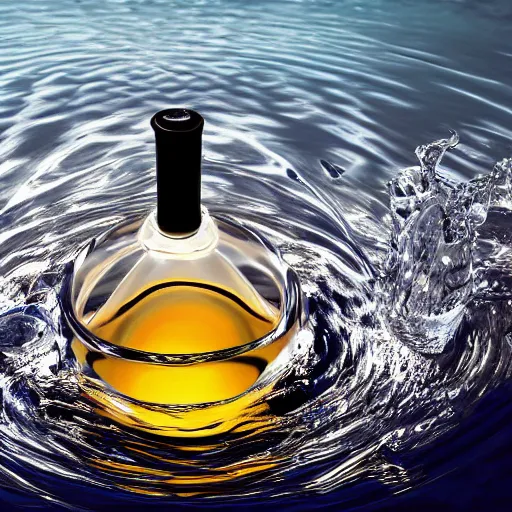 Image similar to perfume bottle emerging from water causing circular serene artistic ripples