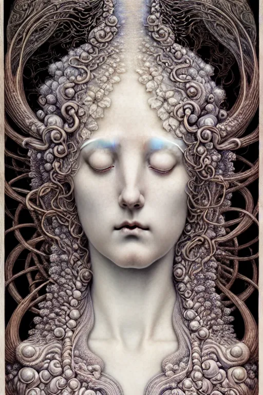 Prompt: detailed realistic beautiful porcelain nature goddess portrait by jean delville, closed eyes, gustave dore, iris van herpen and marco mazzoni, art forms of nature by ernst haeckel, art nouveau, symbolist, visionary, gothic, neo - gothic, pre - raphaelite, fractal lace, intricate alien botanical biodiversity, surreality, hyperdetailed ultrasharp octane render