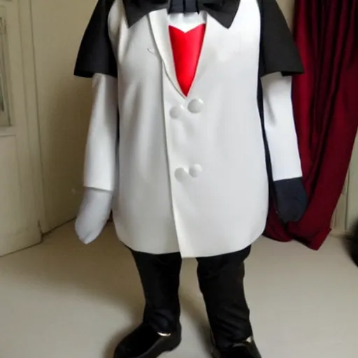 Image similar to a tuxedo for a big man with small legs, heart shaped goden mask with white lights for eyes.