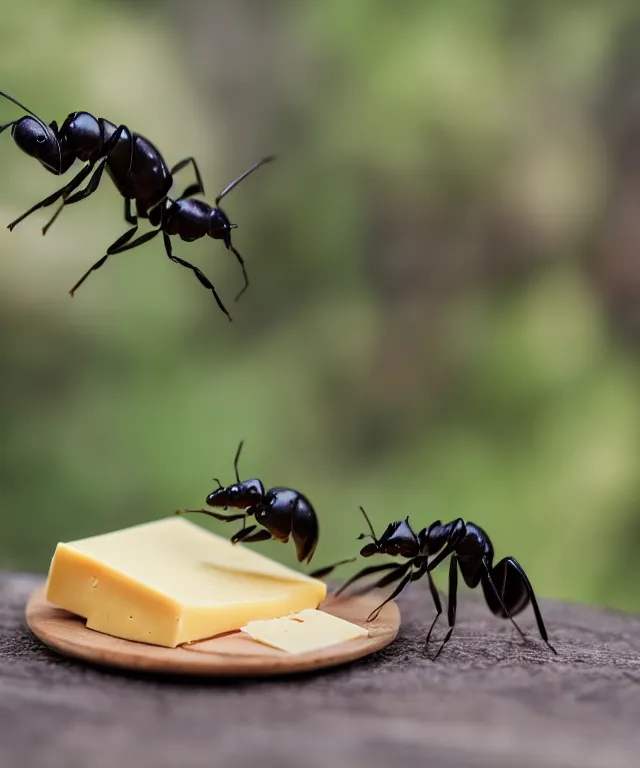 Image similar to high quality presentation photo of cute anthropomorphic black ants eating cheese, photography 4k f1.8 anamorphic bokeh 4k Canon Nikon