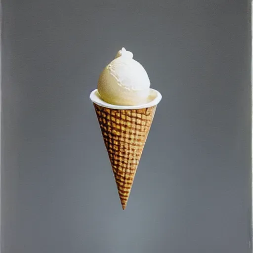 Image similar to Hyperrealistic symmetric painting of a levitating ice cream cone filled with mirror-like liquid mercury