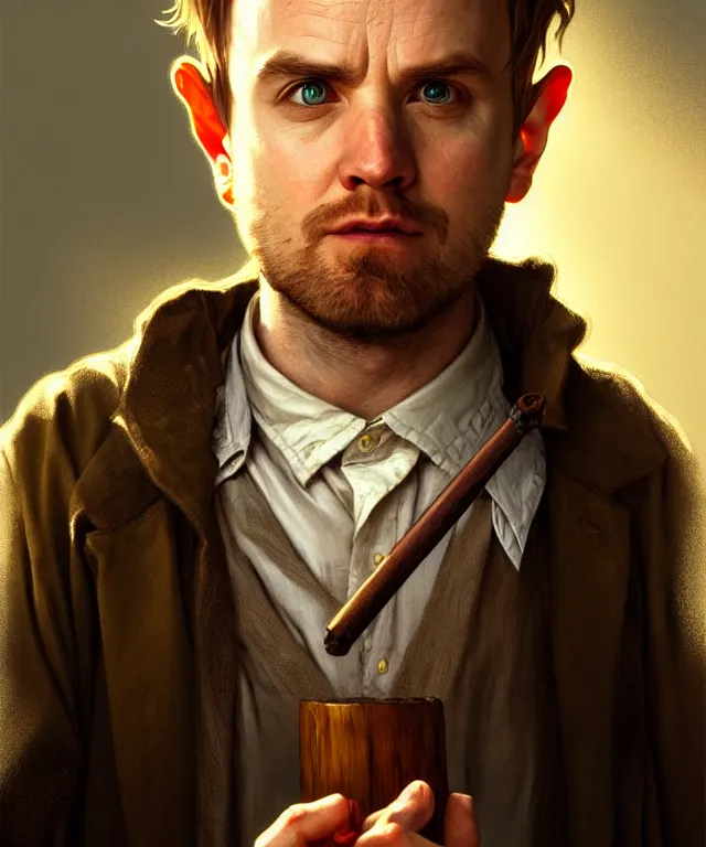 Image similar to portrait hobbit jesse pinkman, smoking a wooden pipe, caricature, headshot, highly detailed, digital painting, artstation, concept art, sharp focus, cinematic lighting, illustration, art by artgerm and greg rutkowski, alphonse mucha, cgsociety