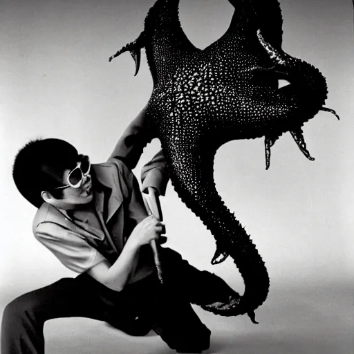 Image similar to studio shooting of Kim Jong-il escaping a Kaiju starfish monster, in the style of Herb Ritts and Irving Penn