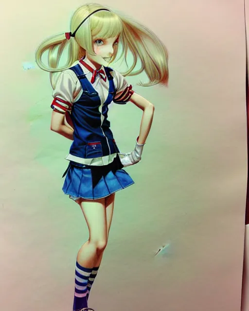 Image similar to young female prep school student with medium length bright blonde hair and pale skin, in an old study room, complex artistic color ink pen sketch illustration, subtle detailing, artwork by Artgerm and Range Murata.