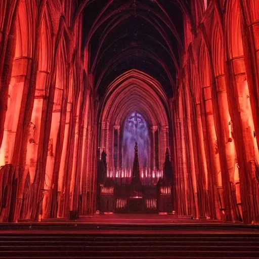 Image similar to A dark cathedral made up of red sandstone lit up by a torches. In the middle of the cathedral is a bonfire surrounded by cultists in red hoods. Their backs facing towards the camera. Dream like.