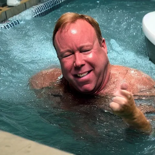 Prompt: CRT surveillence footage of a 50-year-old Alex Jones swimming inside of a filthy giant sized toilet filled with raw sewage, alex jones is gargling the sewage and smiling with an evil grin