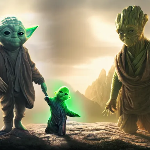 Image similar to yoda ( 2 0 2 1 ) walking next to groot ( 2 0 1 7 ). they are friends. photorealistic, digital art, epic fantasy, dramatic lighting, cinematic, extremely high detail, cinematic lighting, trending, artstation, cgsociety, 3 d ue 5, 4 k, hq