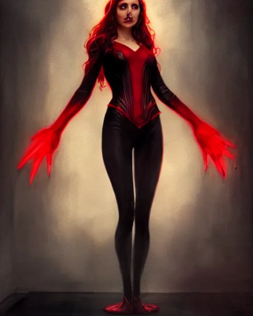 Image similar to Scarlet witch outfit Sarah Michelle Gellar, black magic, realistic character concept, full body, scary pose, comic book, illustration,;cinematic lighting, high resolution, Charlie Bowater, Norman Rockwell, symmetrical eyes, single face, detailed and intricate, beautiful