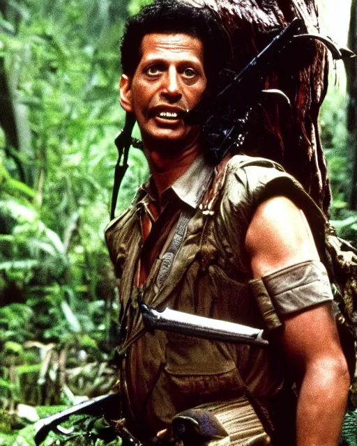 Image similar to Jeff Goldblum as Major Dutch in Predator, 1987, movie still