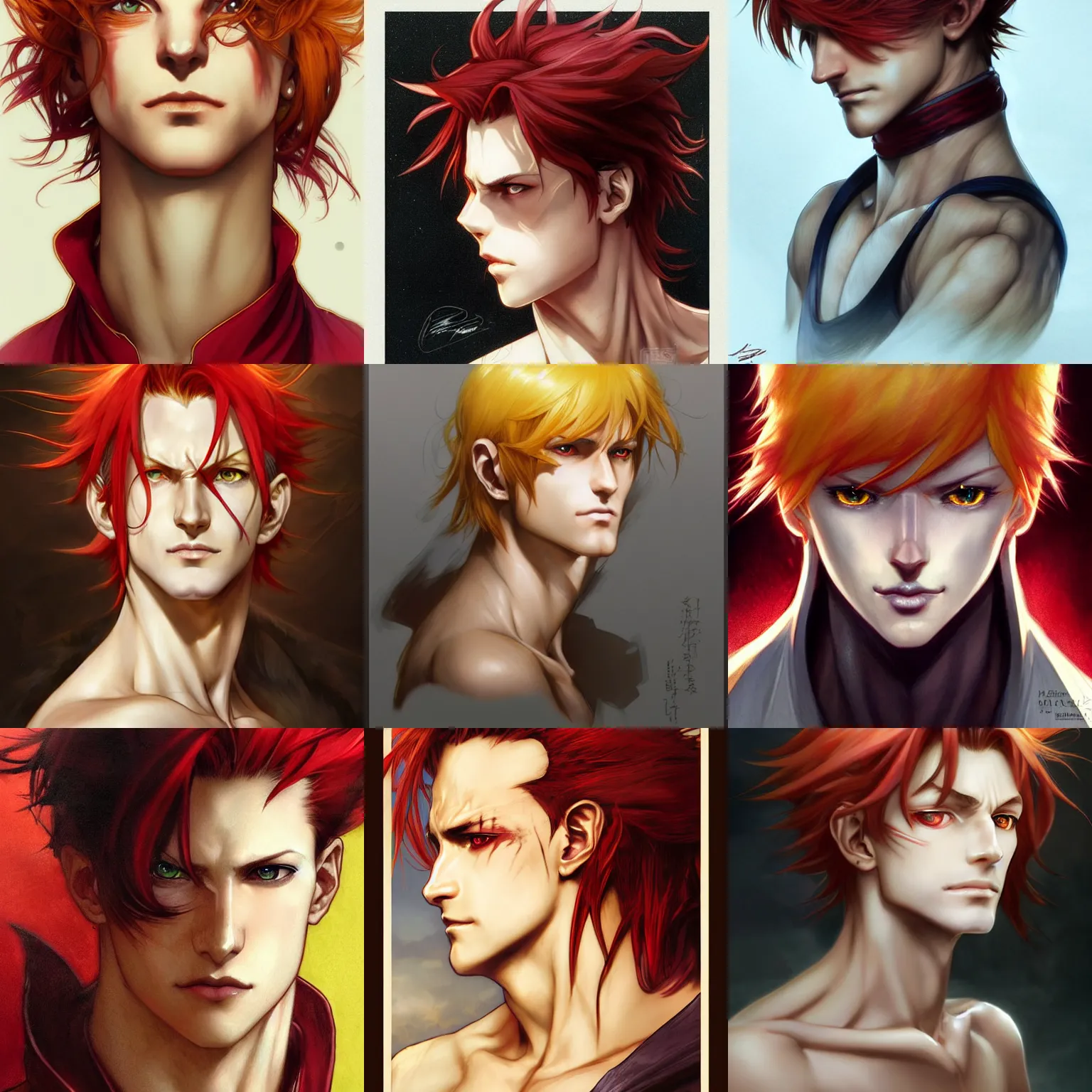 Prompt: portrait of hisoka morow hunter hunter, male, sharp jaw thin lips yellow eyes narrow sultry soft eyes red hair soft hair swept back crimson medium length hair, anime, fantasy, intricate, elegant, highly detailed concept art, smooth, sharp focus, illustration, art by artgerm and greg rutkowski and alphonse mucha