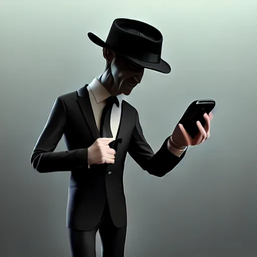 Prompt: a man in a black suit, holding a very advance phone, stylized, artstation, hd, cgsociety, cgi, realistic, dramatic, cinematic, artistic, trending, detailed