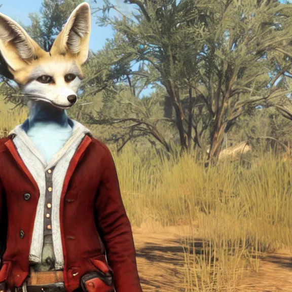 Prompt: screenshot of an anthropomorphic blue fennec fox in red dead redemption 1