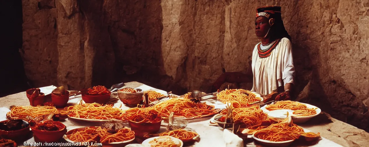 Image similar to queen hatshepsut in the ancient kingdom of punt, enjoying a feast of spaghetti, canon 5 0 mm, kodachrome