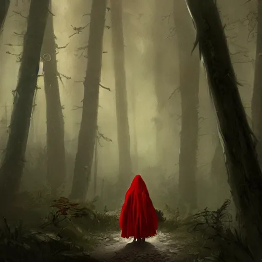 Image similar to little red ridinghood on a dark moonlight forest path being stalked by a wolf, darkwave, darksynth, concept art, sharp, digital matte painting, art by, greg rutkowski, wlop, dramatic lighting, trending on artstation