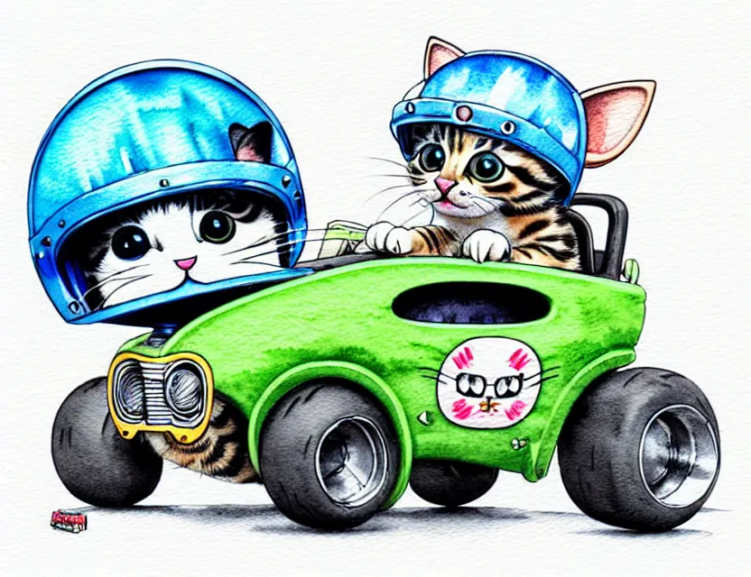 Image similar to cute and funny, kitten wearing a helmet riding in a tiny hot rod with oversized engine, ratfink style by ed roth, centered award winning watercolor pen illustration, isometric illustration by chihiro iwasaki, edited by range murata, tiny details by artgerm and watercolor girl, symmetrically isometrically centered