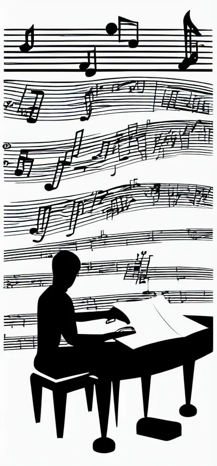 Image similar to fine line vector illustration of a very tiny white line pianist, empty black background, no detail, simple art,