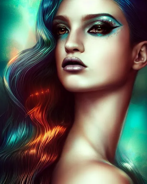 Image similar to portrait of mermaid, zoom, rule of thirds, atmosphere, intricate, vogue, regal, latinas, symmetrical!!, makeup, loreal, maybelline, sephora, loreal, artstation, art by artgerm and gonzalo ordonez arias, moody, concept art, filmic, vsco